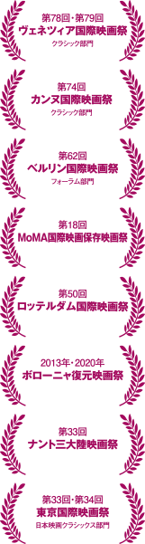 第78回・第79回ヴェネツィア国際映画祭クラシック部門/第74回カンヌ国際映画祭クラシック部門/第62回ベルリン国際映画祭フォーラム部門/第18回MoMA国際映画保存映画祭/第50回ロッテルダム国際映画祭/2013年・2020年ボローニャ復元映画祭/第33回ナント三大陸映画祭 上映作品/第33回・第34回東京国際映画祭日本映画クラシックス部門